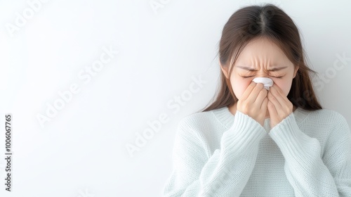 2409_435.portrait of an asian girl with a worried expression, holding her throat and coughing lightly, dressed casually, with her hair tied up messily, illustrating the reality of feeling unwell on a photo