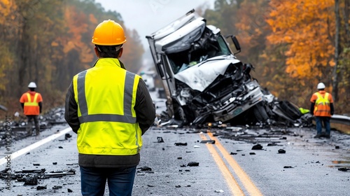 Roadside accident scene with damaged truck and workers assessing the situation.