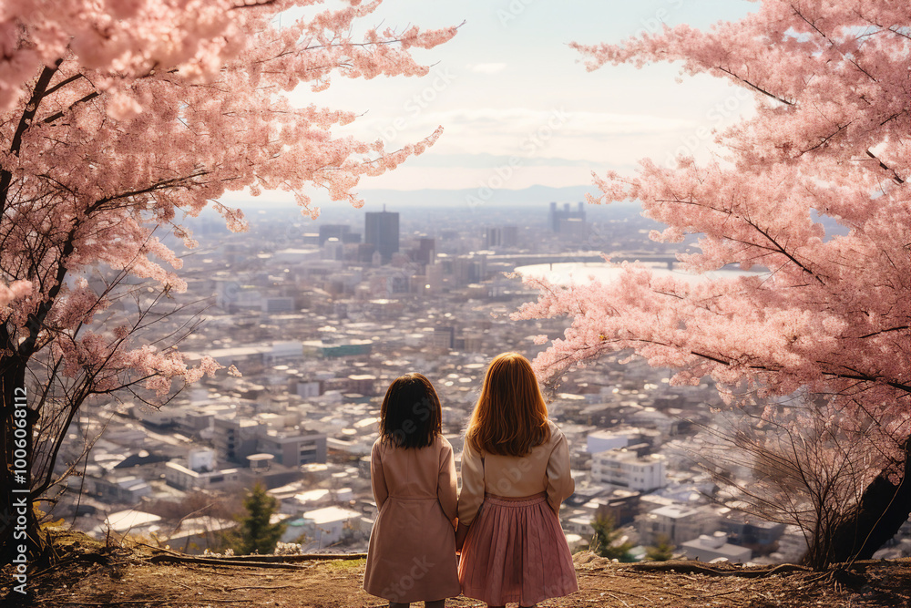 Fototapeta premium AI generated image of a beautiful charming little two girls walking in botany garden
