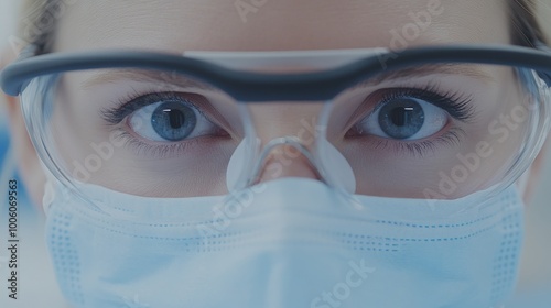 Wallpaper Mural 2409_464.close up of a young woman dentist adjusting her dental binocular loupes, sporting a blue mask and a light blue scrub top, surrounded by dental tools and equipment in a modern clinic setting Torontodigital.ca