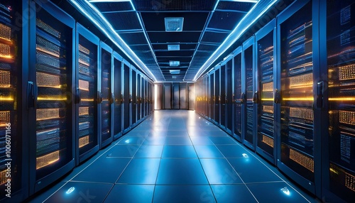 Compliance-Ready Data Center Solutions with Illustrative Servers Highlighting Regulatory Standards Adherence in Modern Facility during Night Time for GDPR, HIPAA, AI Compliance
