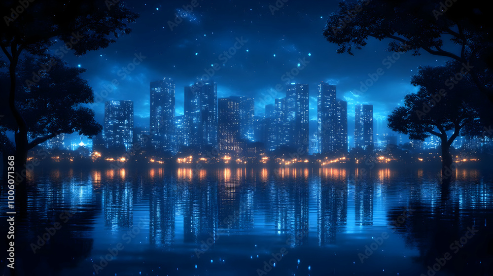 Cityscape Reflections in Still Water Under a Starry Night Cityscape Reflections in Still Water Under a Starry Night