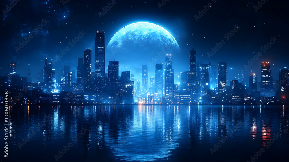 Fototapeta premium Cityscape at Night with a Blue Moon Reflecting on the Water