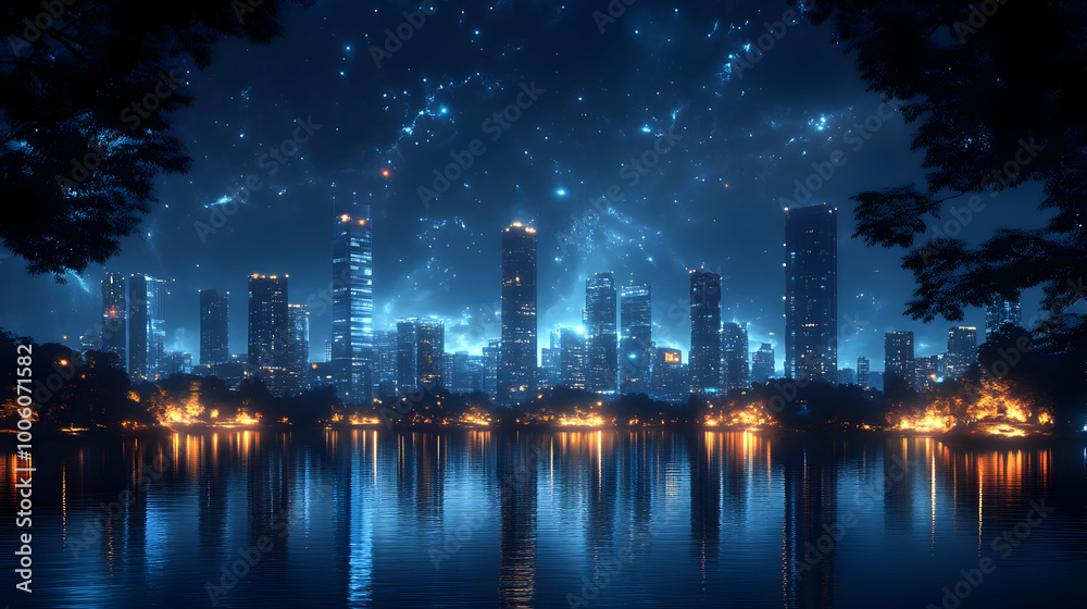 Cityscape Night with Stars Reflected in Water Cityscape Night with Stars Reflected in Water