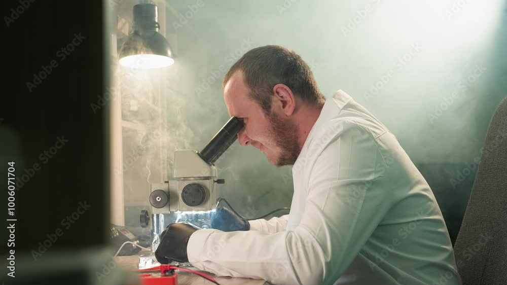 A close-up view of a technician in a lab coat working under a microscope, carefully examining and soldering an electronic circuit board, with room fill with smoke A close-up view of a technician in a lab coat working under a microscope, carefully examining and soldering an electronic circuit board, with room fill with smoke
