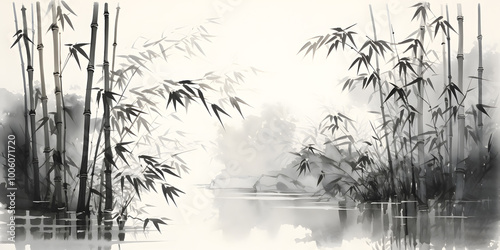Ink painting with a still life of a bamboo grove and a water surface. Traditional oriental painting suggests sumi-e, u-sin, go-hua.