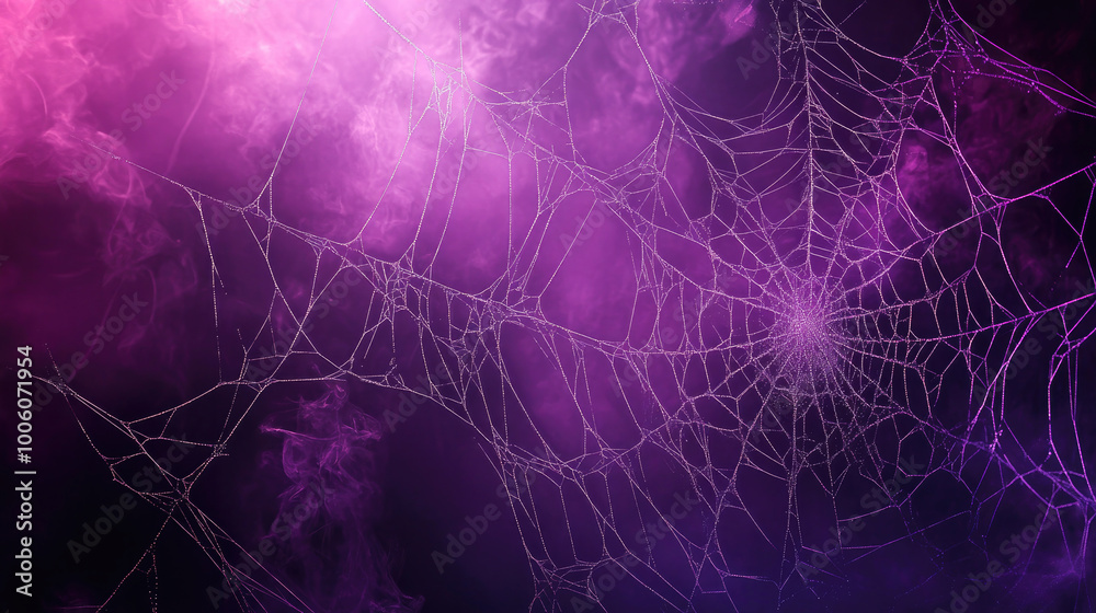 A large spider web illuminated by a purple glow against a smoky background, creating an eerie and mystical Halloween atmosphere. A large spider web illuminated by a purple glow against a smoky background, creating an eerie and mystical Halloween atmosphere.
