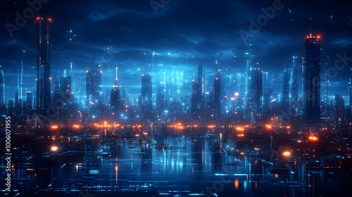 Cyberpunk Cityscape: Neon Lights Reflect on Water, Futuristic Architecture, Digital Art