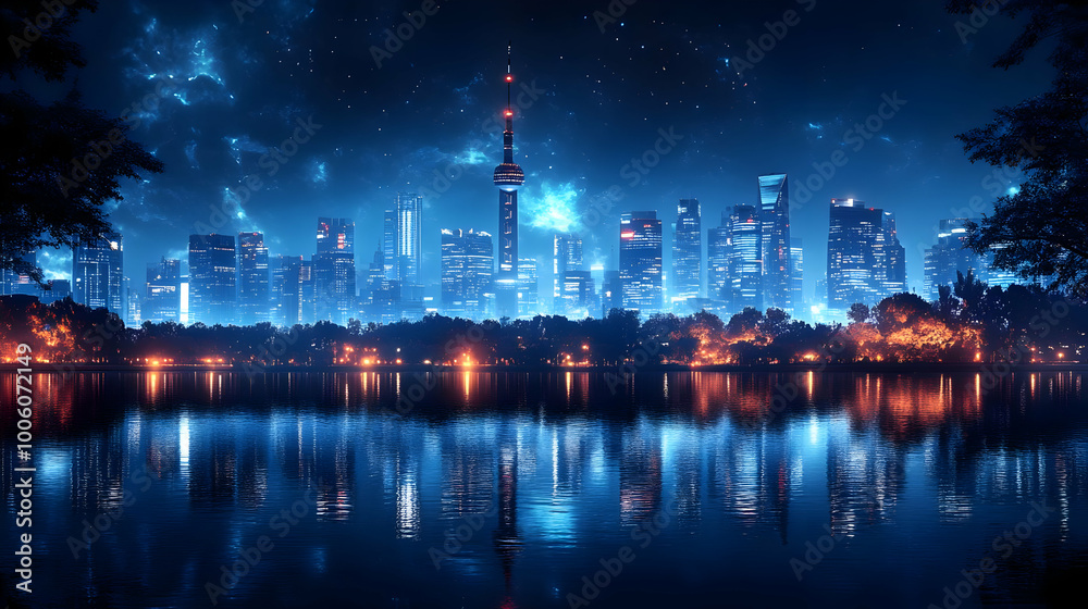 Cityscape at Night with a Starry Sky and Reflections in the Water Cityscape at Night with a Starry Sky and Reflections in the Water