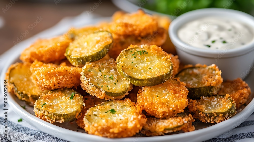 A plate of crispy fried pickles with a side of ranch dressing