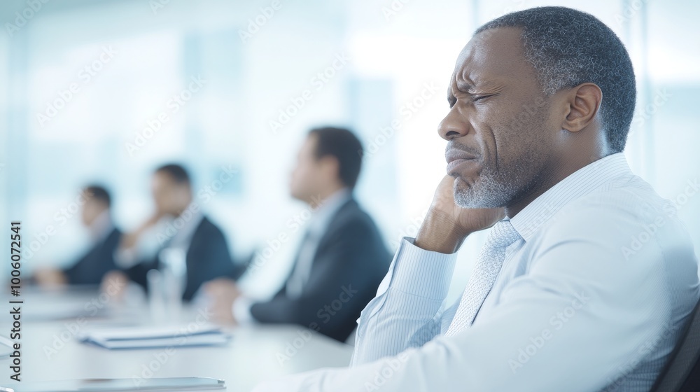 2409_005.image of a businessman seated at a conference table, wincing in discomfort while massaging his wrist; colleagues engaged in discussion around him 2409_005.image of a businessman seated at a conference table, wincing in discomfort while massaging his wrist; colleagues engaged in discussion around him