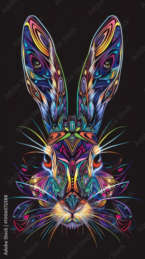 Rabbit head with colorful tribal patterns depicted in a realistic style. Rabbit head with colorful tribal patterns depicted in a realistic style.