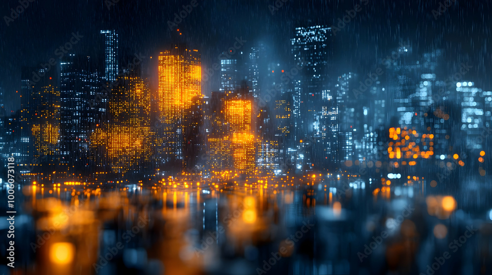 Obraz premium Cityscape Raining at Night with Blurry Lights and Reflections