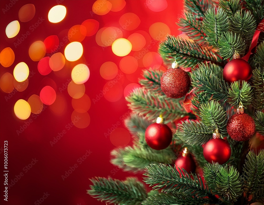 Festive Christmas Tree with Red Ornaments and Warm Bokeh Lights on Vibrant Red Background Celebrating Holiday Spirit and Joy Festive Christmas Tree with Red Ornaments and Warm Bokeh Lights on Vibrant Red Background Celebrating Holiday Spirit and Joy