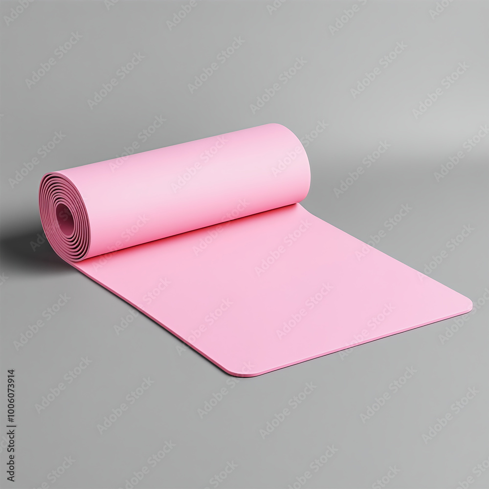 A Rolled-out Soft Pink Yoga Mat Displayed Against A Neutral Grey Background. Ideal For Fitness, Home Exercise, Or Yoga Studio Advertising. A Rolled-out Soft Pink Yoga Mat Displayed Against A Neutral Grey Background. Ideal For Fitness, Home Exercise, Or Yoga Studio Advertising.