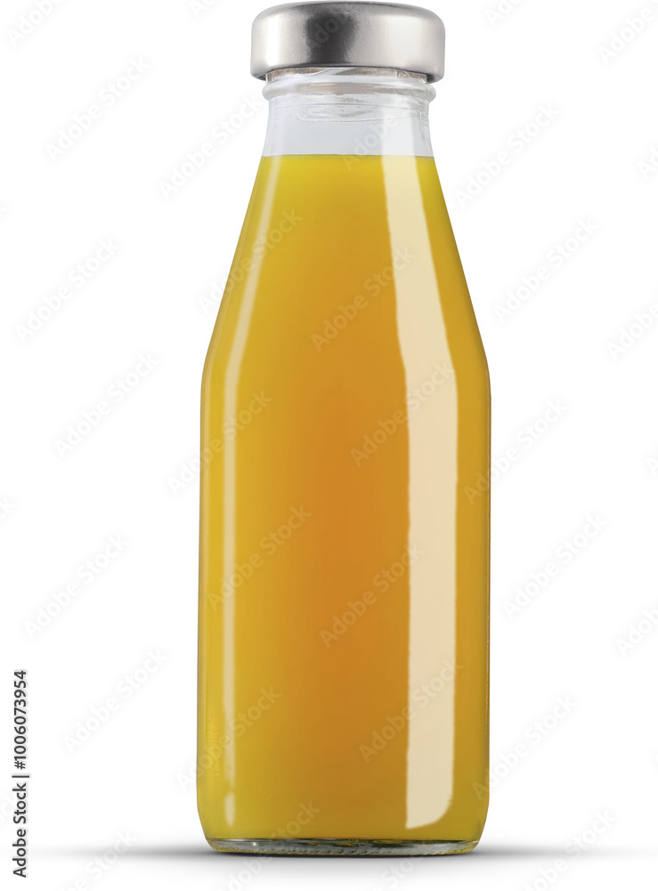 Mockup of glossy transparent bottle with pineapple juice, metal cap, png Mockup of glossy transparent bottle with pineapple juice, metal cap, png