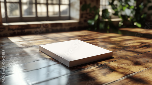 Blank Canvas Block on Glossy Wooden Floor Lit by Sun Through Windows with Plants in Background