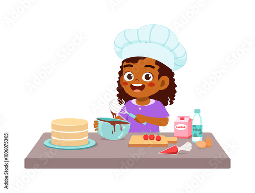 happy cute little kid boy and girl wear chef uniform and cooking a birthday cake
