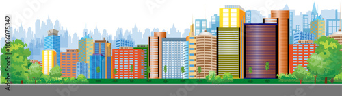 City main street landscape with old and recently planted young trees. Vector illustration.