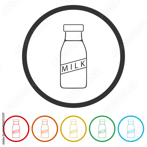 Milk bottle Icon. Set icons in color circle buttons