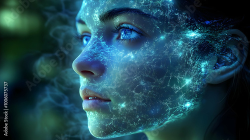 Digital Art: A Woman's Face Covered in Blue Light and Connected Lines