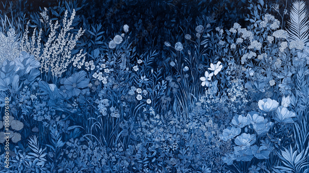 Fototapeta premium A serene and detailed depiction of a garden or meadow. Dominated by shades of blue and white, it features a variety of plants, from tall grasses to delicate flowers