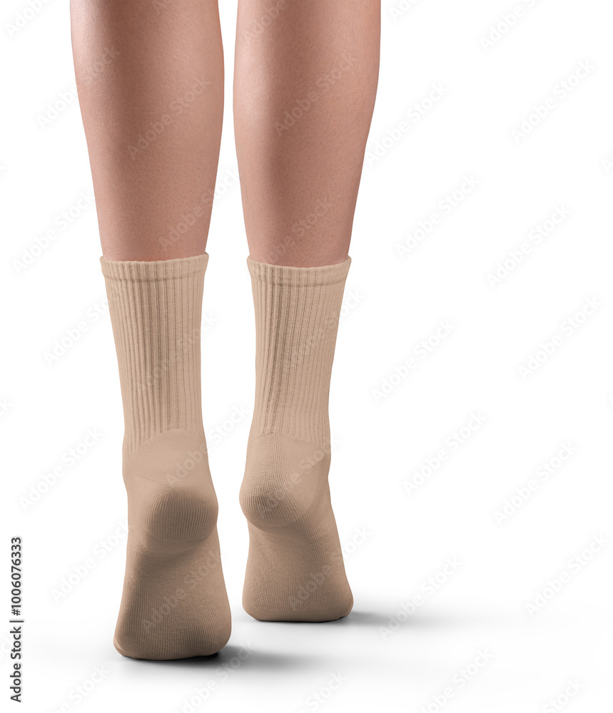 Mockup of high, long tan, nude, beige socks on women's legs, png, back view Mockup of high, long tan, nude, beige socks on women's legs, png, back view