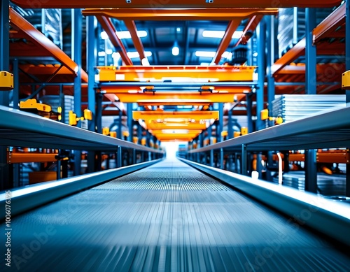 A clean and modern warehouse with automated conveyor belts, robotic forklifts, and smart technology tracking every item in real-time