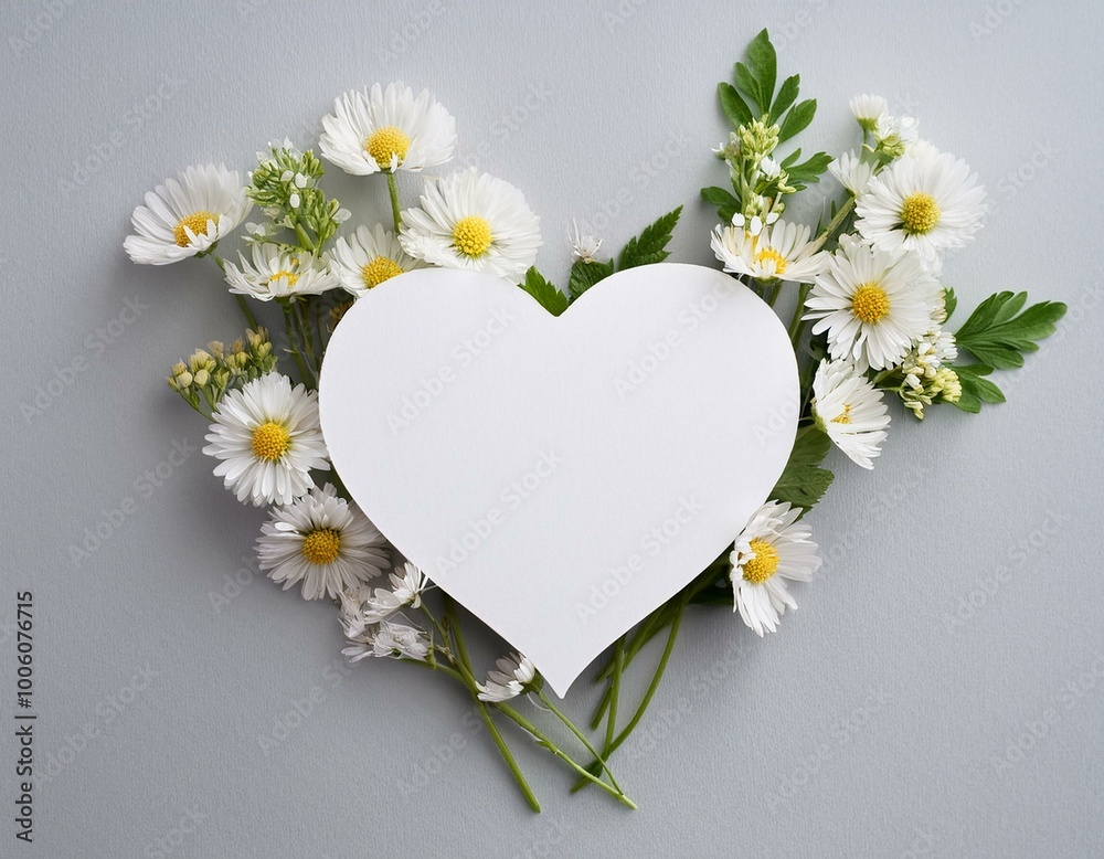 Obraz premium Heart shape paper card note with natural spring wild flowers. Love or Women's day minimal concept with creative copy space.