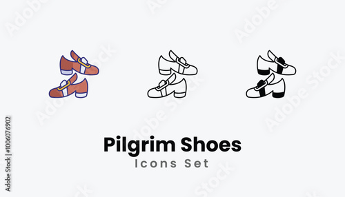 Pilgrim Shoes Icons thin line and glyph vector icon stock illustration