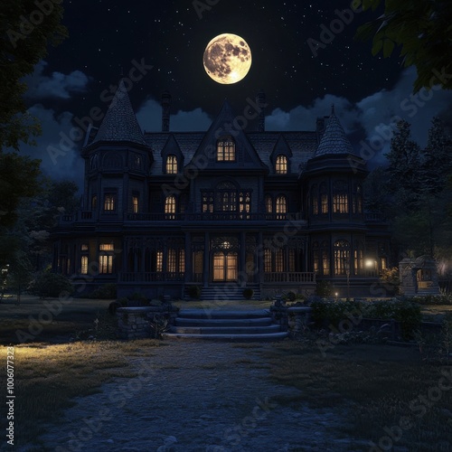 Eerie night view of a haunted mansion illuminated by a full moon, surrounded by dark trees and a mystical atmosphere. photo