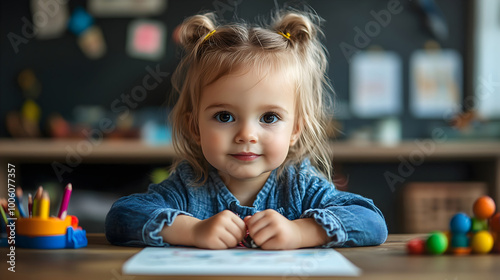 Smiling Child Joyful Expression Colorful Toys Creative Learning Environment
