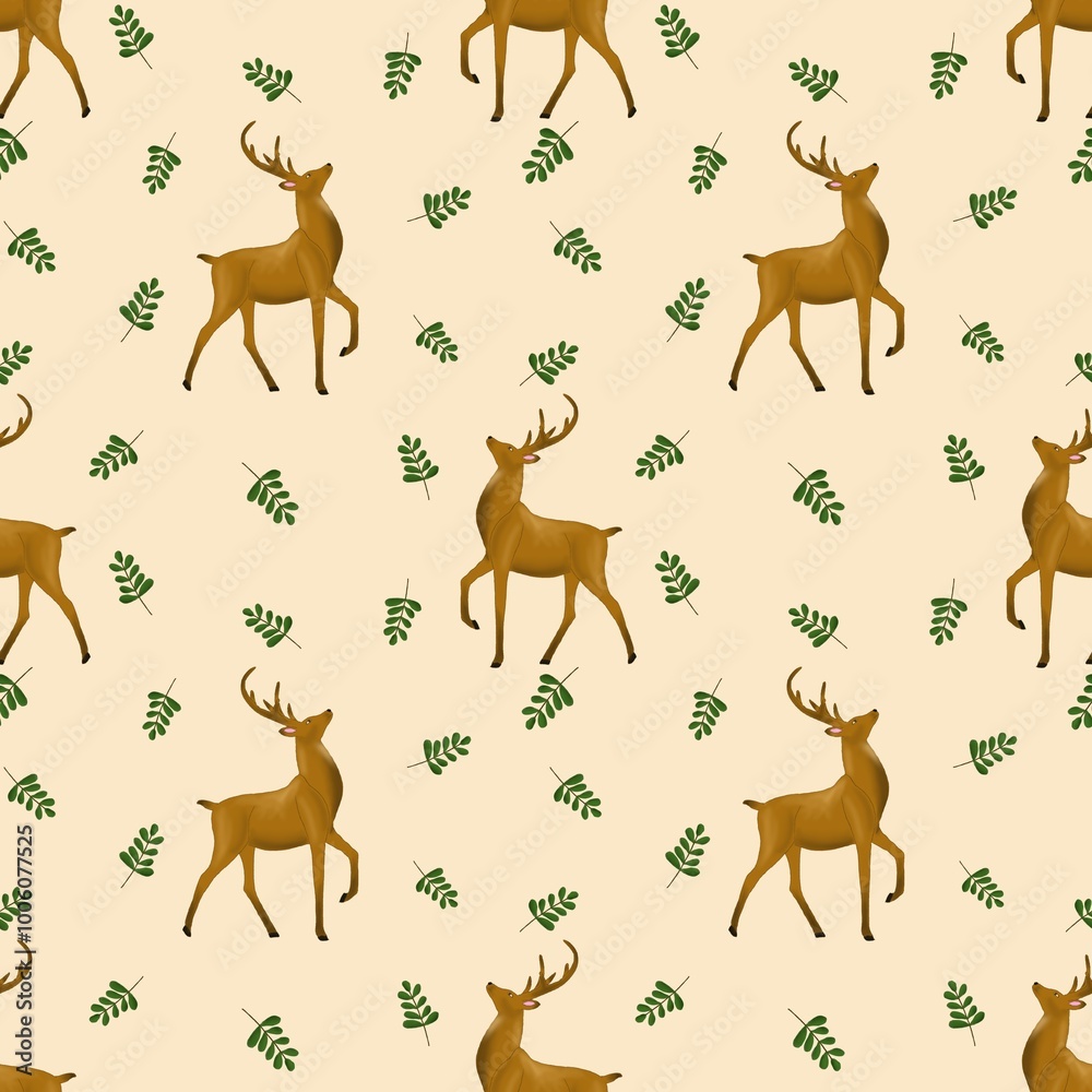Seamless pattern with deer and leaves for use in various designs Seamless pattern with deer and leaves for use in various designs