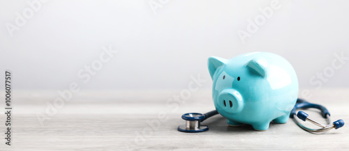 A Blue piggy bank and a stethoscope rest on a table against a bright white background. The image represents the concept of saving money for health care or financial security. photo