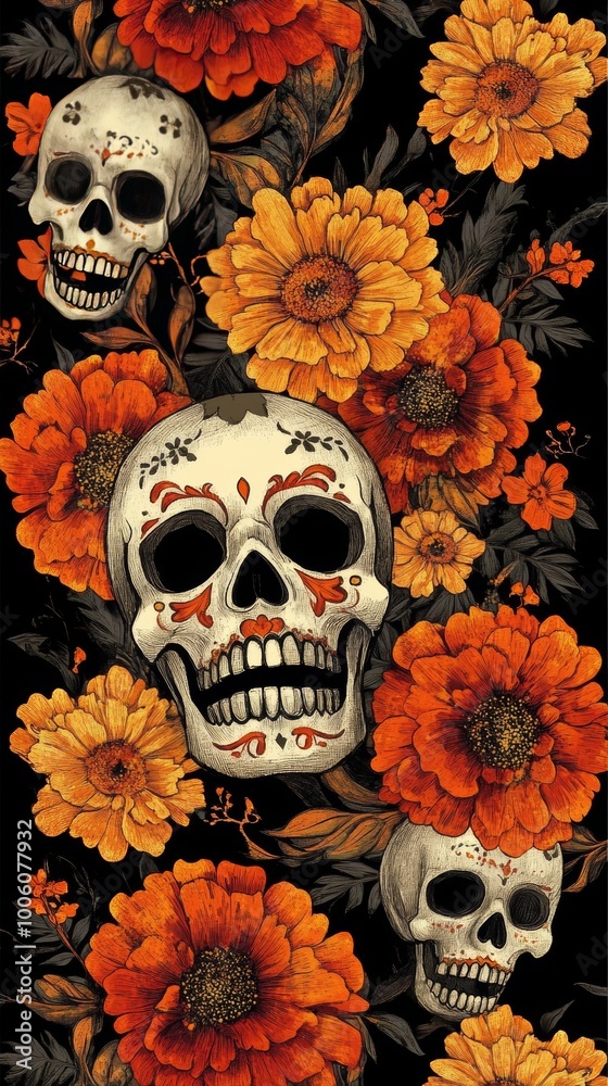 Colorful Day of the Dead skulls and marigold flowers create a striking pattern on a black background, perfect for festive and cultural designs.