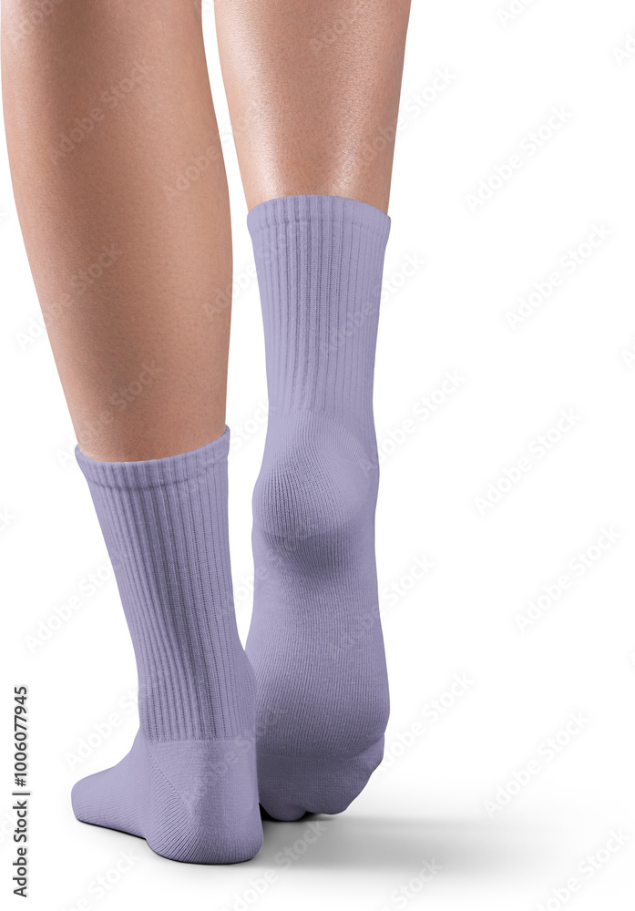 Mockup of high, long violet socks on women's legs, png, back view Mockup of high, long violet socks on women's legs, png, back view
