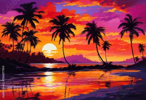 vibrant silhouettes palm trees breathtaking sunset backdrop rich colors dramatic contrast, outline, sky, orange, pink, yellow, beauty, landscape, tropical