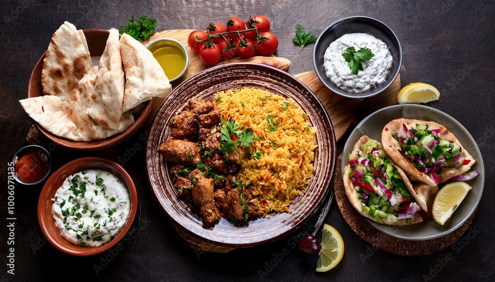 Mediterranean food on the table, gyro platter, pita and dips and tabbouleh Mediterranean food on the table, gyro platter, pita and dips and tabbouleh