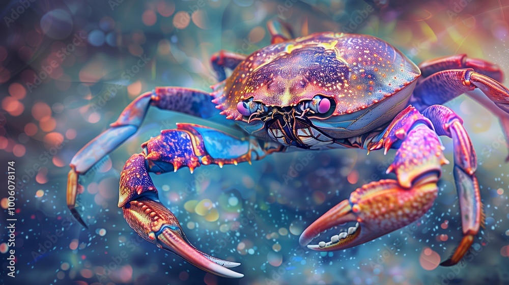 The vibrant crab embodies the Cancer zodiac sign, surrounded by a dreamy, multicolored background, reflecting its astrological nature The vibrant crab embodies the Cancer zodiac sign, surrounded by a dreamy, multicolored background, reflecting its astrological nature