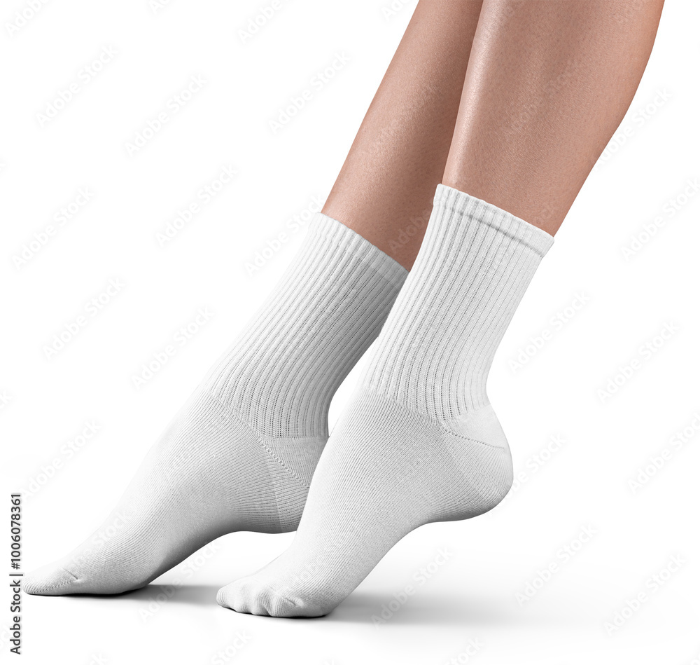 Mockup of high, long white socks on women's legs, png, side view Mockup of high, long white socks on women's legs, png, side view