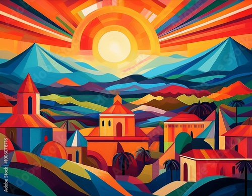 Nicaraguan Cubism Inspired Landscape Illustration with Vibrant Colors, Mountains, Village, and Sunset photo