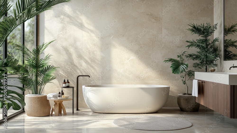 Luxurious bathroom with beige marble walls, white bathtub, and concrete floor. Modern furniture and window, adorned with indoor plants. Stunning 3D rendering. Luxurious bathroom with beige marble walls, white bathtub, and concrete floor. Modern furniture and window, adorned with indoor plants. Stunning 3D rendering.