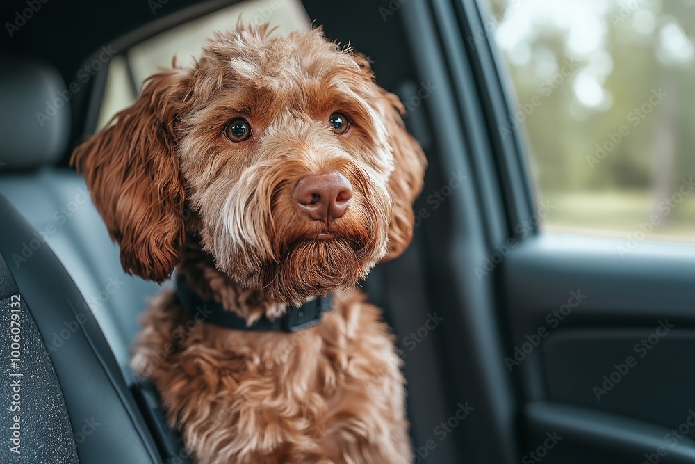 Dog is sitting in a car window. The dog is brown and has a black nose. The car is driving down a wet road. Dog riding in car and looking out from car window Dog is sitting in a car window. The dog is brown and has a black nose. The car is driving down a wet road. Dog riding in car and looking out from car window