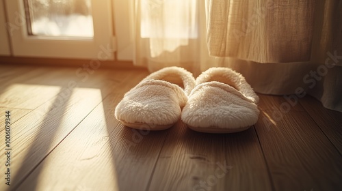 Cozy Home Slippers on a Soft Rug, Evoking Comfort and Relaxation photo