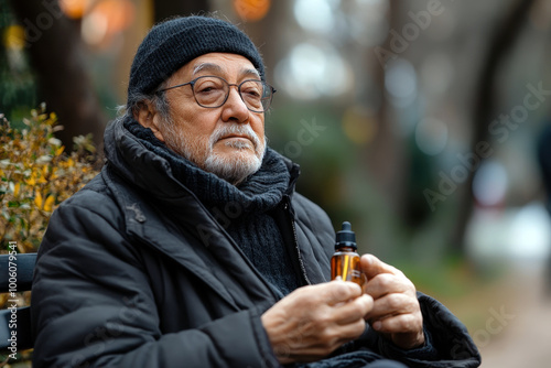 Elderly man holding a small bottle of oil while sitting outdoors photo