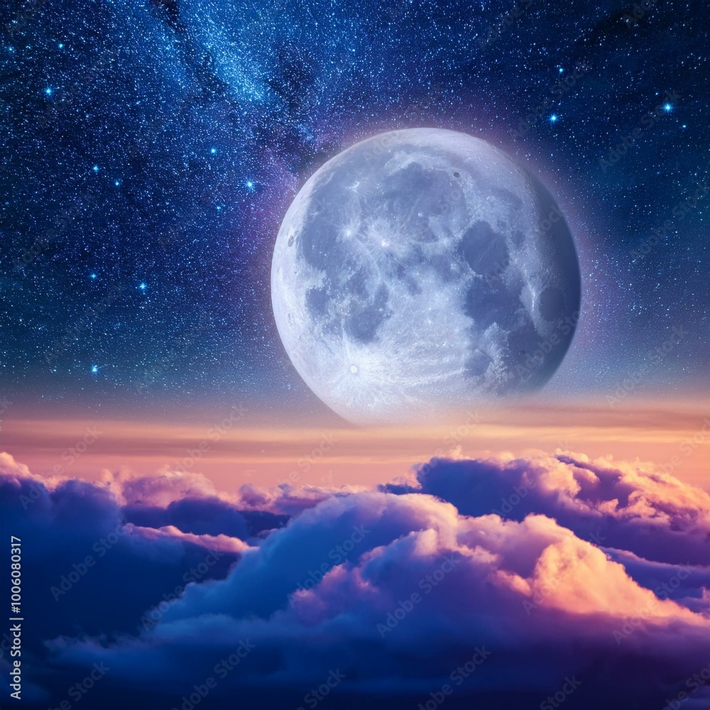 Romantic Moon Shining Over Cloudscape in Starry Night Sky with Vibrant Colors, Ethereal Atmosphere for Dreamy and Serene Themes Romantic Moon Shining Over Cloudscape in Starry Night Sky with Vibrant Colors, Ethereal Atmosphere for Dreamy and Serene Themes
