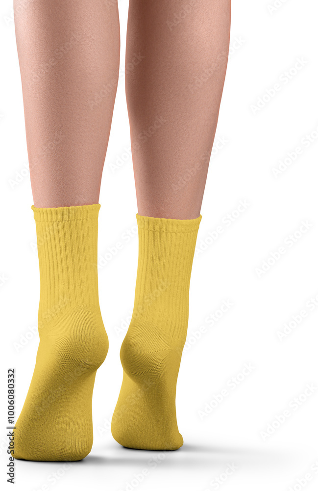 Mockup of medium yellow socks on women's legs, png Mockup of medium yellow socks on women's legs, png