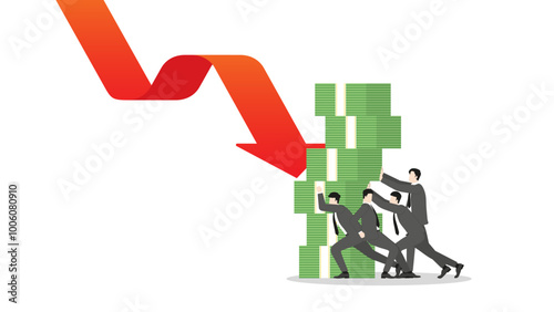 Businessmen team pushing stack of banknotes to resist a red down arrow. Financial crisis and economic downturn. A minimal style of an effect of inflation, recession, bankruptcy, and financial failure