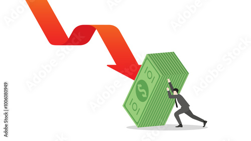 A businessman pushing banknotes to resist a red down arrow. Financial crisis and economic downturn. A minimal style of an effect of inflation, recession, bankruptcy, and financial failure