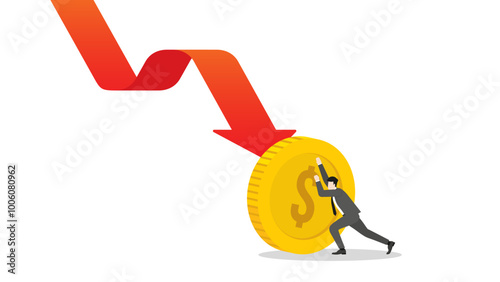 A businessman pushing a dollar coin to resist a red down arrow. Financial crisis and economic downturn. A minimal style of an effect of inflation, recession, bankruptcy, and financial failure